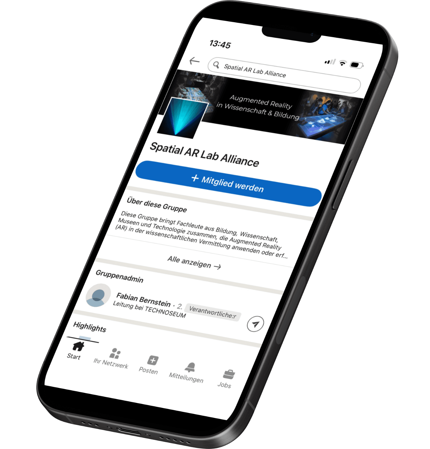 Darstellung der LinkedIn-Gruppe der Spatial AR Lab Alliance auf einem Smartphone